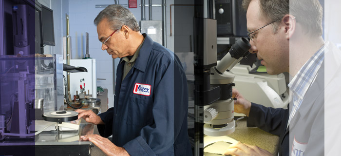 Photo of Vintex Lab Technicians testing fabrics in our lab.